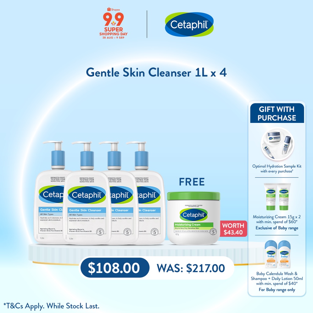 [9.9] Cetaphil Gentle Skin Cleanser 1L Bundle of 4 + Cetaphil Moisturizing Cream 453g