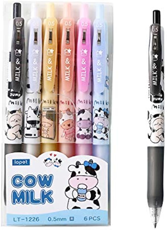 Giant star Cute Milky Cow Pens, Retractable Gel Pens, Black Gel Ink Pens, 0.5mm, Bullet Point, Perfect for Office School Supplies Gifts for Boys Girls,Pack of 6pcs (Milky Cow)