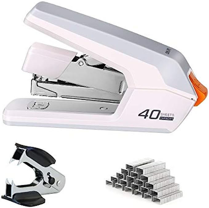 Deli Effortless Desktop Stapler, 40-50 Sheet Capacity, One Finger Touch Stapling, Easy to Load Ergonomic Heavy Duty Stapler, Includes 1500 Staples and Staple Remover