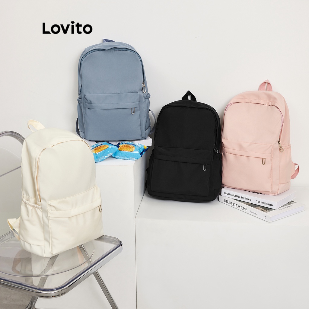 Lovito Preppy Plain Colorblock Double Shoulder Strap Multi-pocketed Backpacks L41BA05 (White/Pink/Blue/Black)