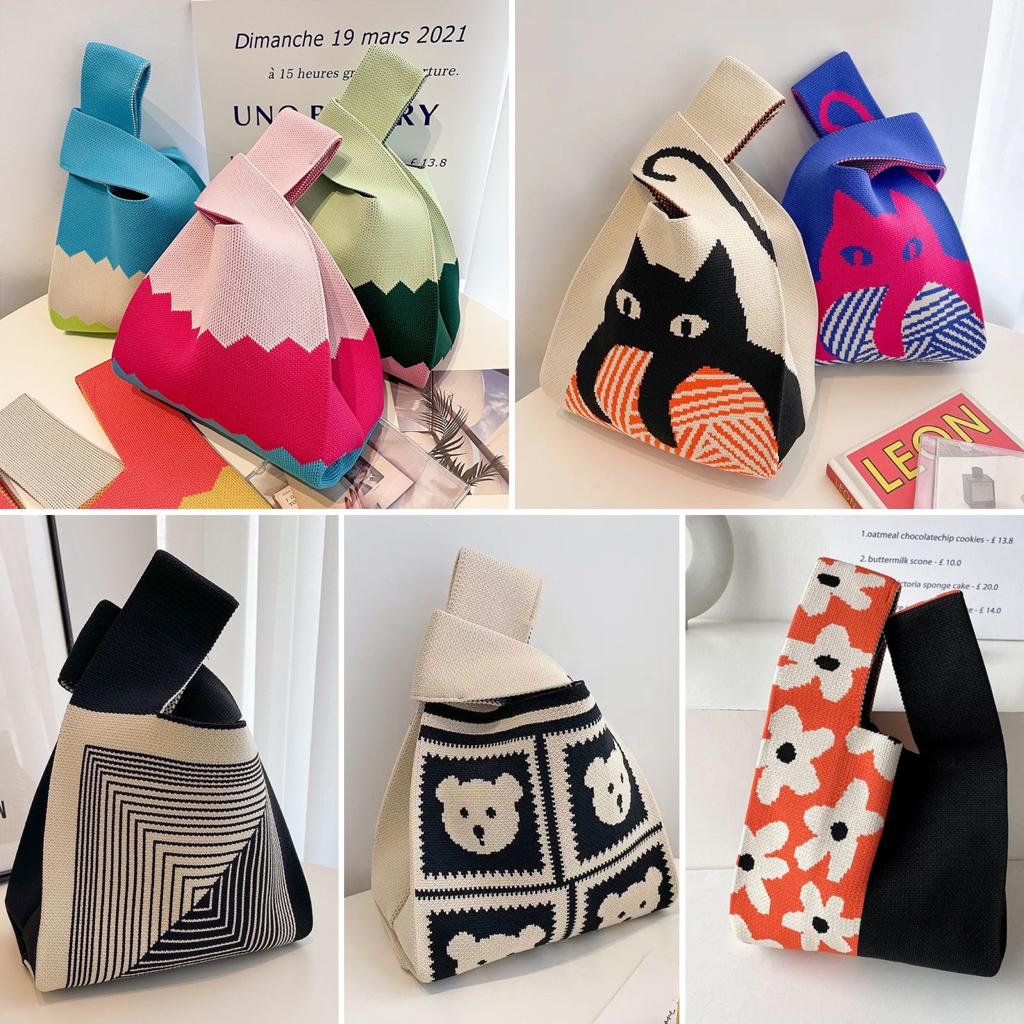 [SG Seller] Lunch Bag Candy Color Knit Tote Bag Women Handbags Cute Shopping Reusable Sling Bag Mother Day