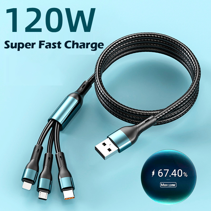 120W Usb Fast Charging Data Cable Universal 3 In 1 Multiple Usb Cord With ,Type-C, Micro